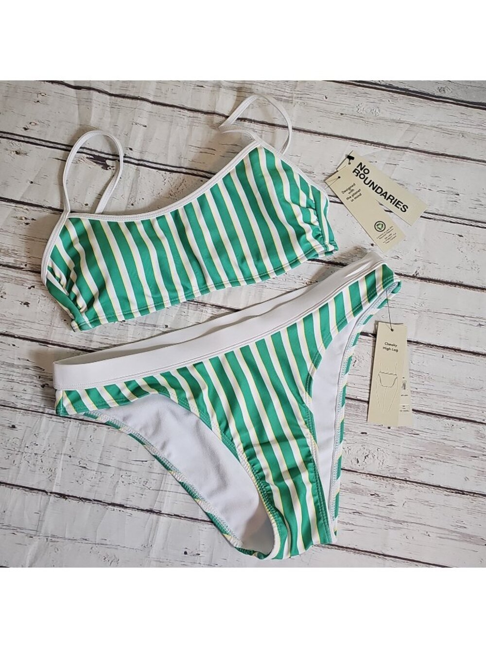 Green/White Striped 2pc Bikini Bralette Top Cheeky Bottoms sz S Beach Swim New
